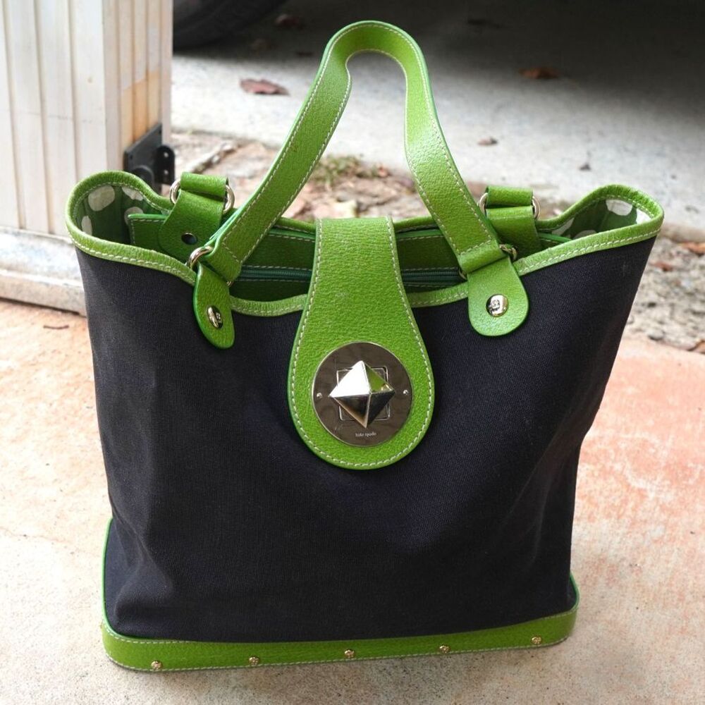 VTG Kate Spade Wood Bottom Canvas Satchel Bag Neon Green Leather Trim Rare Y2K